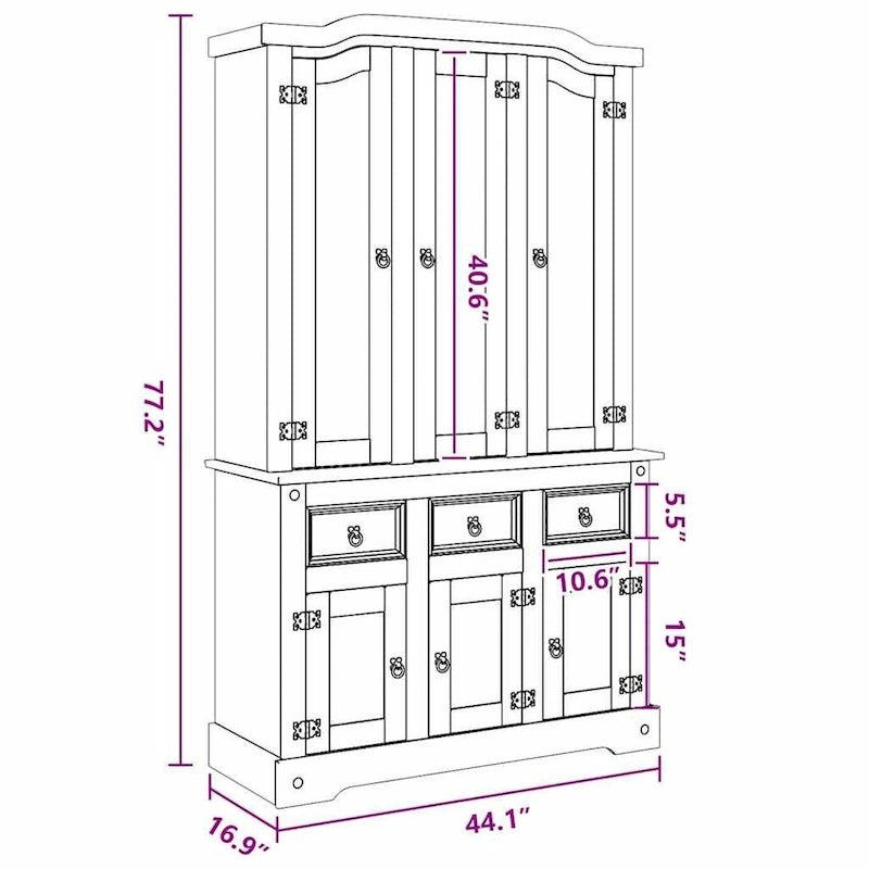 Armario alto de madera maciza de pino con puertas de vidrio y cajones, 44.1x16.9x77.2 pulgadas, acabado blanco y tapa en color natural – aparador de almacenamiento rústico y elegante