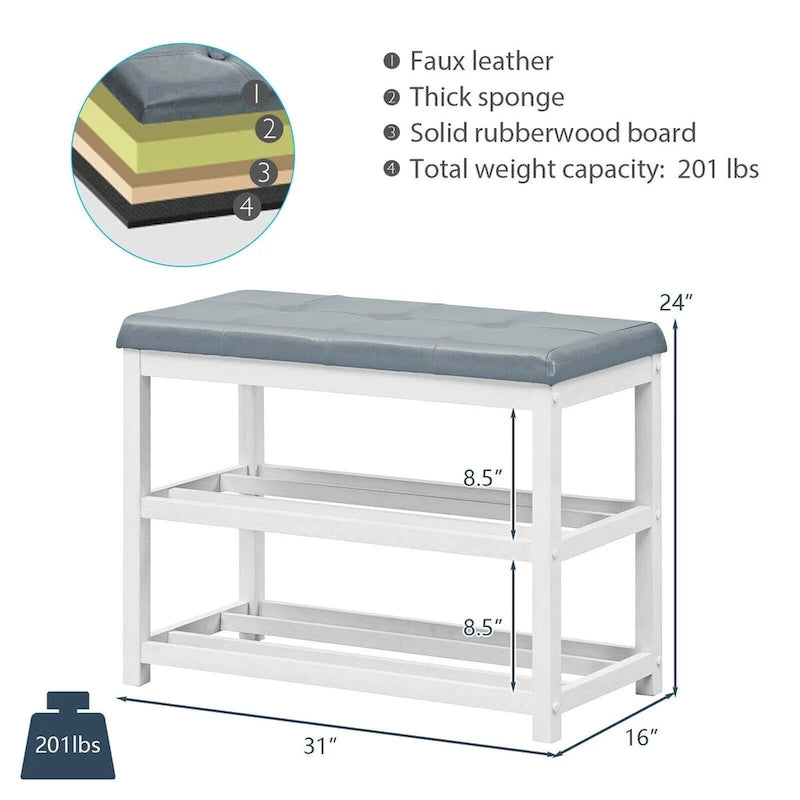 Zweistufige Schuhbank aus Holz mit gepolstertem Sitz - 31x 16x 24(L x B x H)