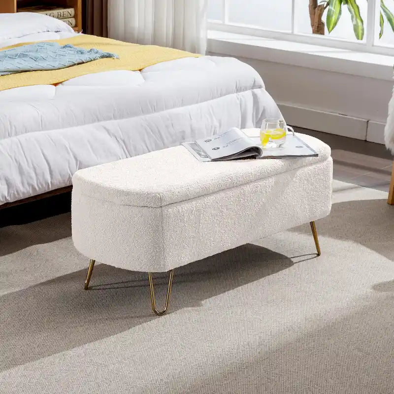Storage Ottoman Bench for End of Bed Gold Legs, Faux Fur Entryway Bench Upholstered Padded with Storage for Living Room Bedroom