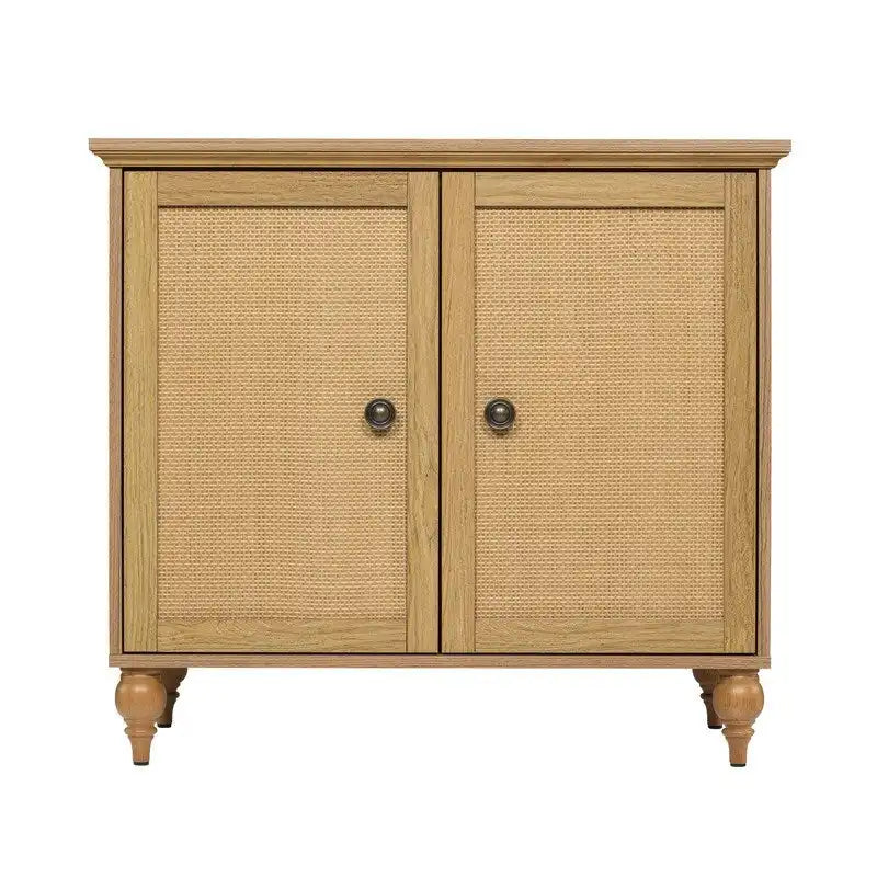 Mobiletto Newcomb in stile transizionale a 2 ante con pannelli in rattan - mobiletto contenitore in legno marrone con ripiano regolabile