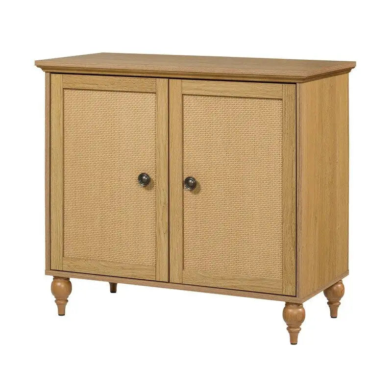 Mobiletto Newcomb in stile transizionale a 2 ante con pannelli in rattan - mobiletto contenitore in legno marrone con ripiano regolabile