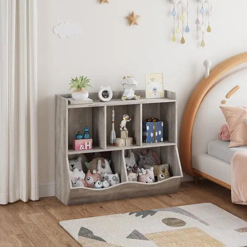 Mobile contenitore grigio per giocattoli per bambini con 5 vani a giorno - libreria organizer in legno ingegnerizzato dal design moderno per la cameretta