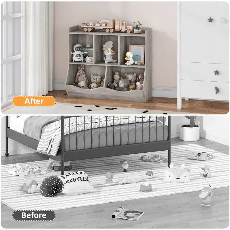 Mobile contenitore grigio per giocattoli per bambini con 5 vani a giorno - libreria organizer in legno ingegnerizzato dal design moderno per la cameretta