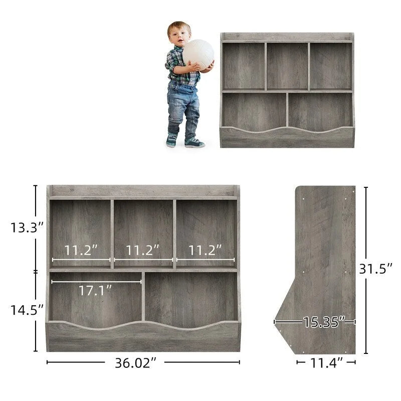 Grey Kids Toy Storage Cabinet with 5 Cubby Shelves – Modern Engineered Wood Bookcase Organizer for Kids Room