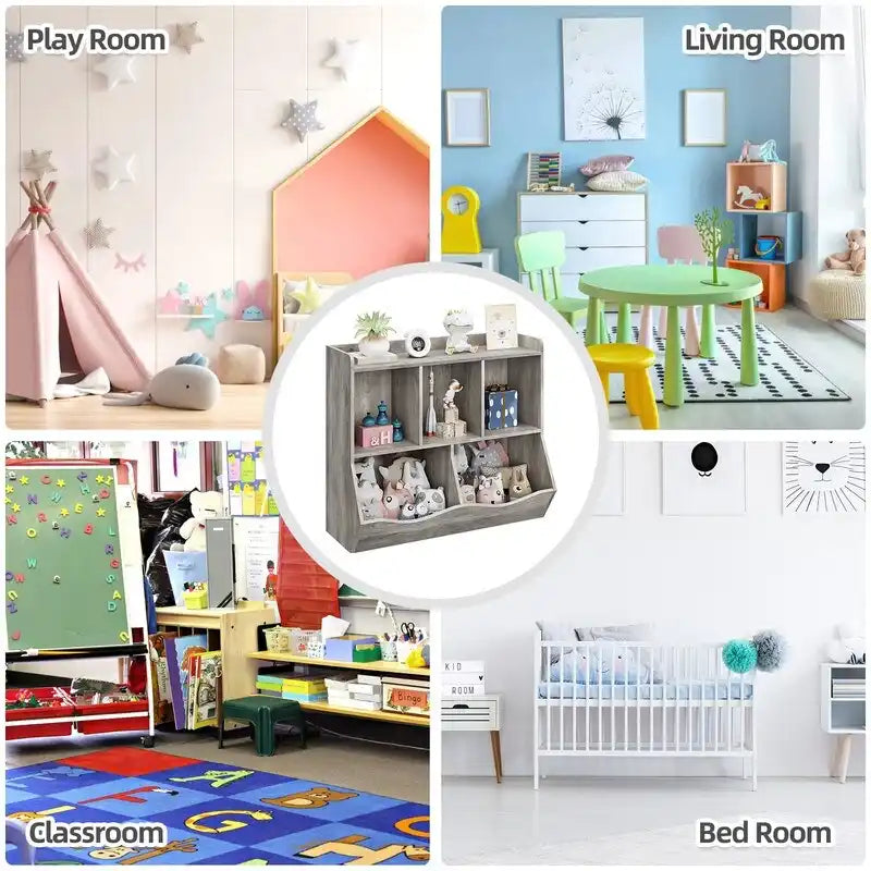 Grey Kids Toy Storage Cabinet with 5 Cubby Shelves – Modern Engineered Wood Bookcase Organizer for Kids Room