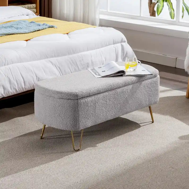 Grey Storage Ottoman Bench for End of Bed Gold Legs, Modern Grey Faux Fur Entryway Bench Upholstered Padded with Storage
