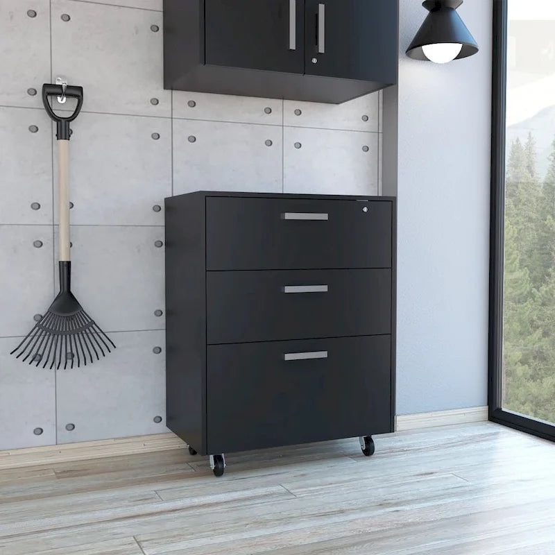 Cómoda rectangular Medford de 3 cajones con ruedas, negro wengué