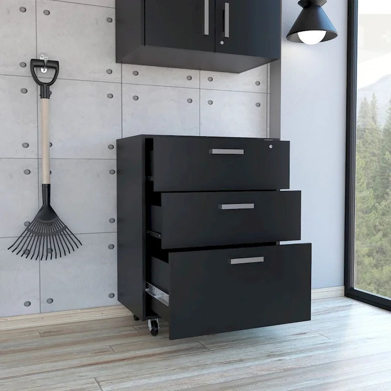 Cómoda rectangular Medford de 3 cajones con ruedas, negro wengué