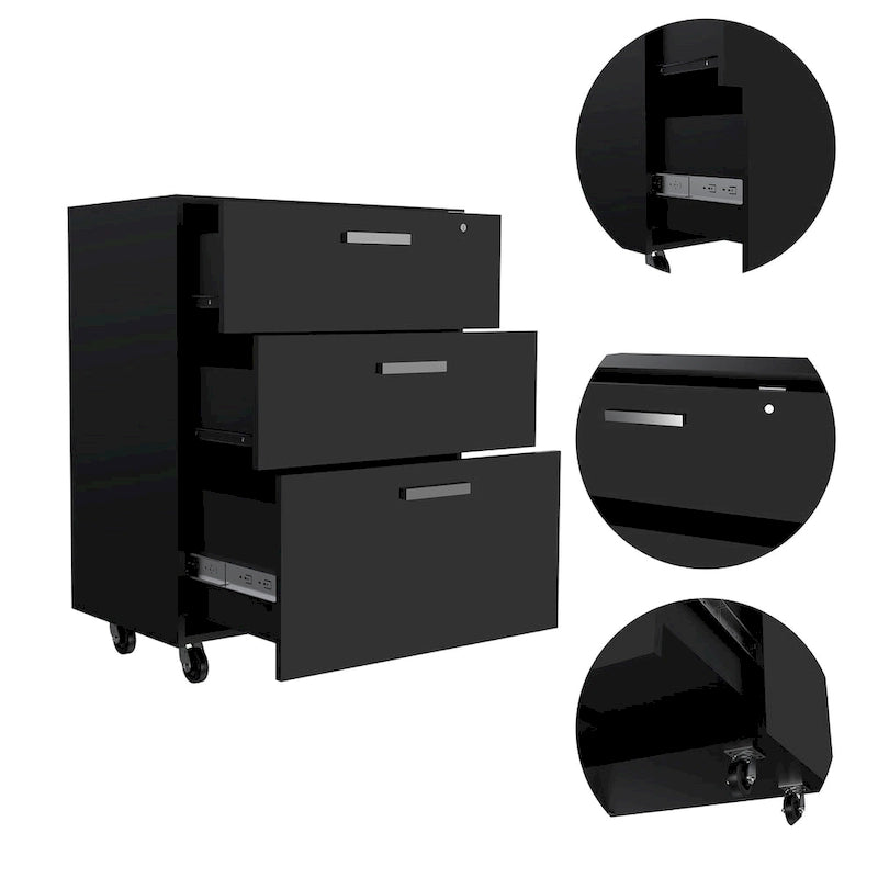 Cómoda rectangular Medford de 3 cajones con ruedas, negro wengué