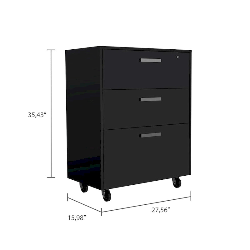 Cómoda rectangular Medford de 3 cajones con ruedas, negro wengué