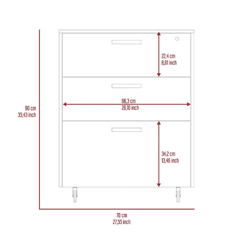 Cómoda rectangular Medford de 3 cajones con ruedas, negro wengué