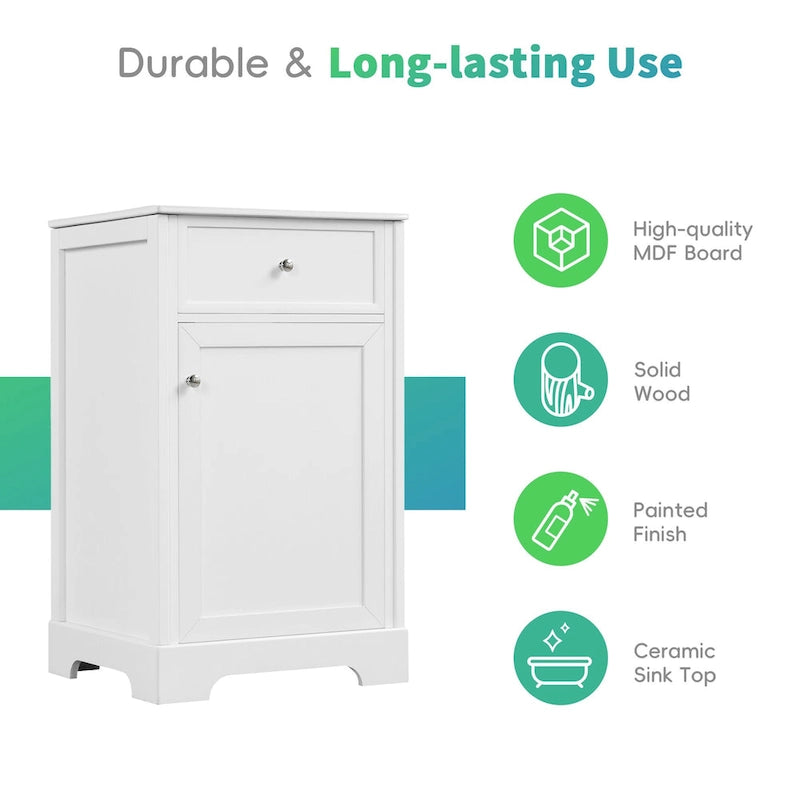 20 Tocador de baño con lavabo, armario de baño con puerta de cierre suave, estante de almacenamiento y balda ajustable, blanco