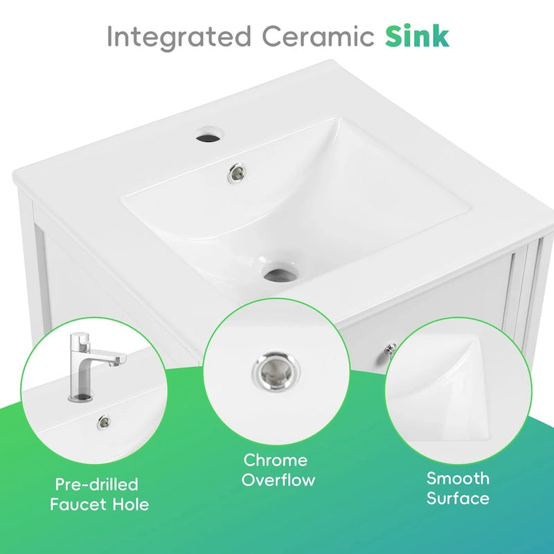 20 Tocador de baño con lavabo, armario de baño con puerta de cierre suave, estante de almacenamiento y balda ajustable, blanco