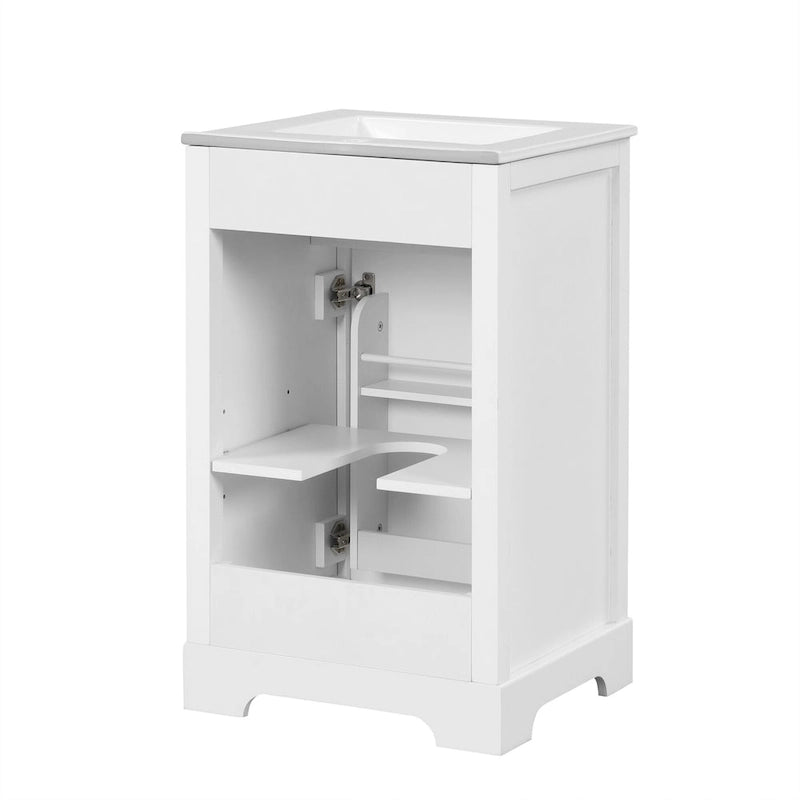 20 Tocador de baño con lavabo, armario de baño con puerta de cierre suave, estante de almacenamiento y balda ajustable, blanco