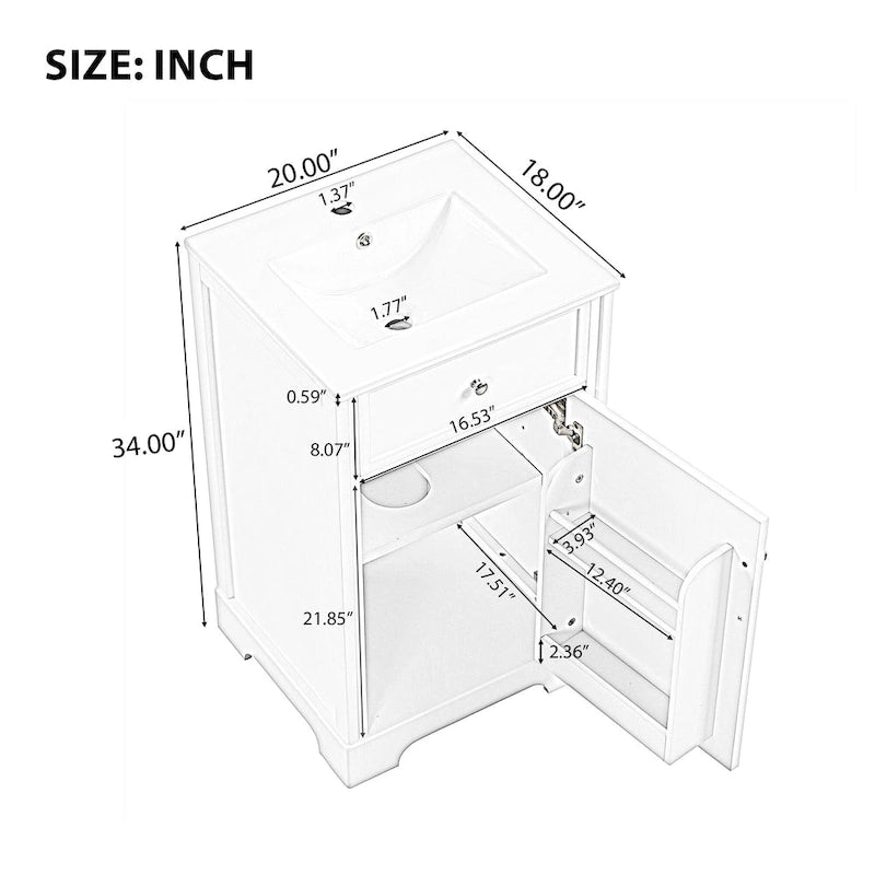 20 Tocador de baño con lavabo, armario de baño con puerta de cierre suave, estante de almacenamiento y balda ajustable, blanco
