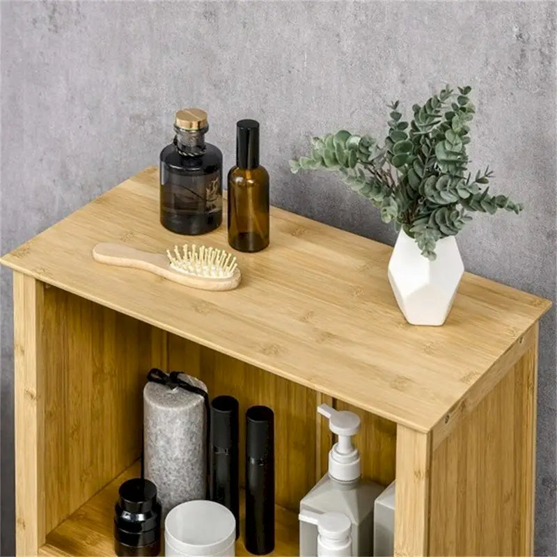 Anti-Toppling Bamboo Bathroom Floor Cabinet with Shelf and Footpad - N/A