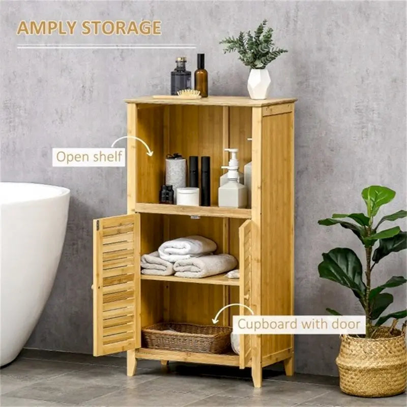 Anti-Toppling Bamboo Bathroom Floor Cabinet with Shelf and Footpad - N/A