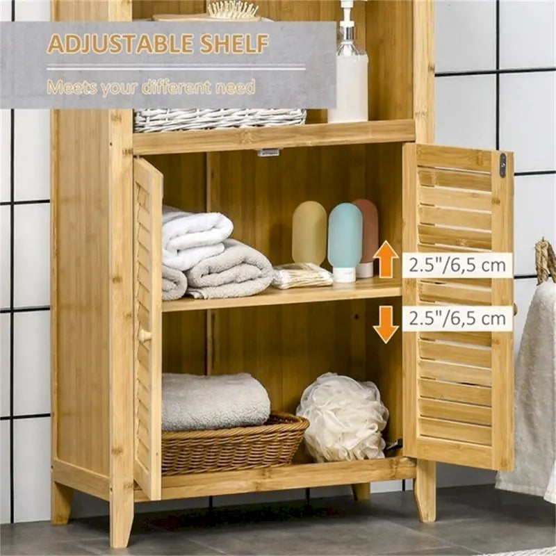 Anti-Toppling Bamboo Bathroom Floor Cabinet with Shelf and Footpad - N/A