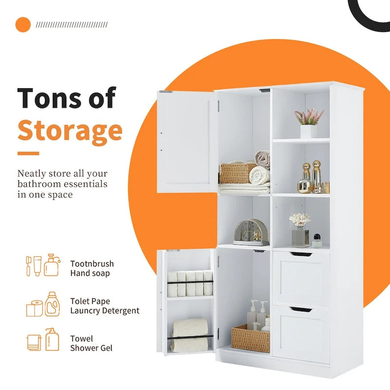 Bathroom Storage Cabinet with Doors and Drawers Multiple Storage Space Freestanding Style Open Shelve Adjustable Shelf White