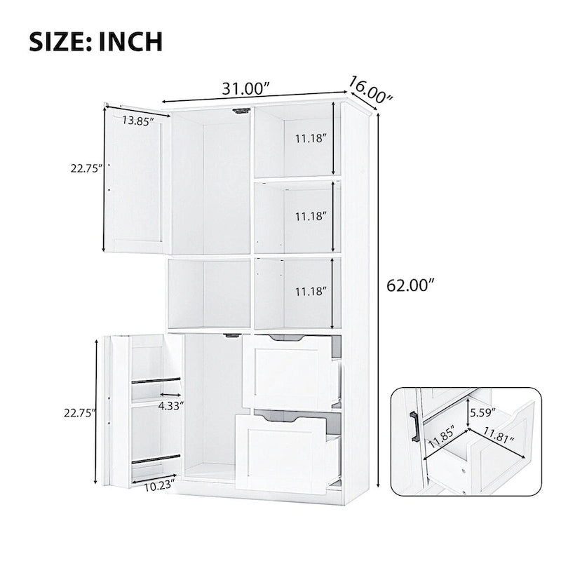 Bathroom Storage Cabinet with Doors and Drawers Multiple Storage Space Freestanding Style Open Shelve Adjustable Shelf White