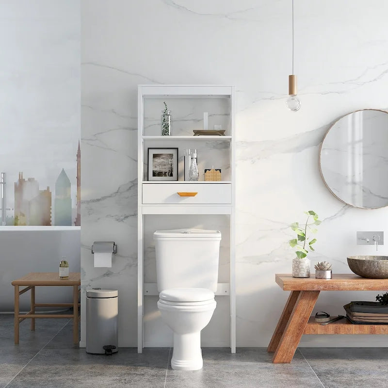 Mobiletto portaoggetti bianco sopra il WC con un cassetto e 2 ripiani, salvaspazio, scaffale da bagno
