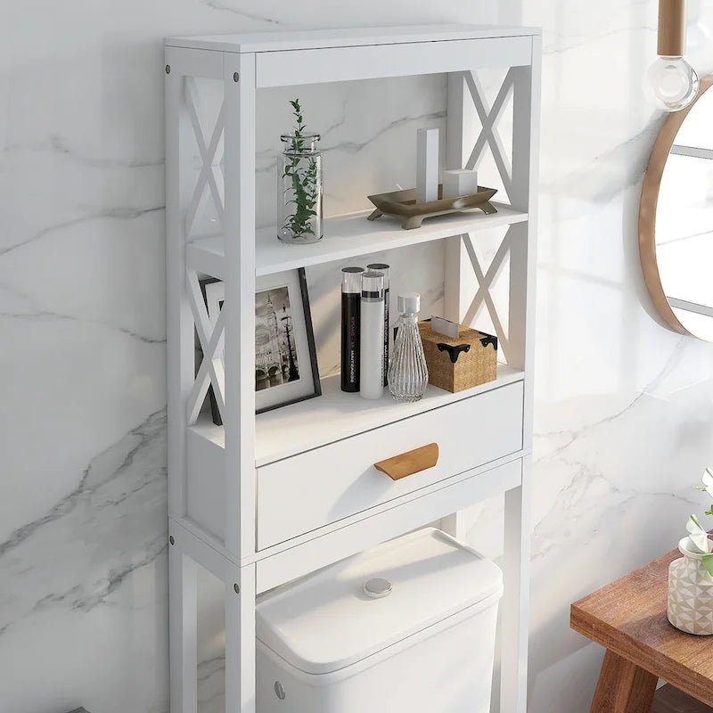 Mobiletto portaoggetti bianco sopra il WC con un cassetto e 2 ripiani, salvaspazio, scaffale da bagno