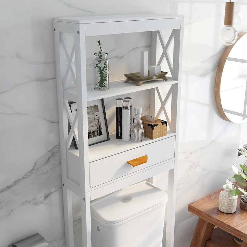 Mobiletto portaoggetti bianco sopra il WC con un cassetto e 2 ripiani, salvaspazio, scaffale da bagno