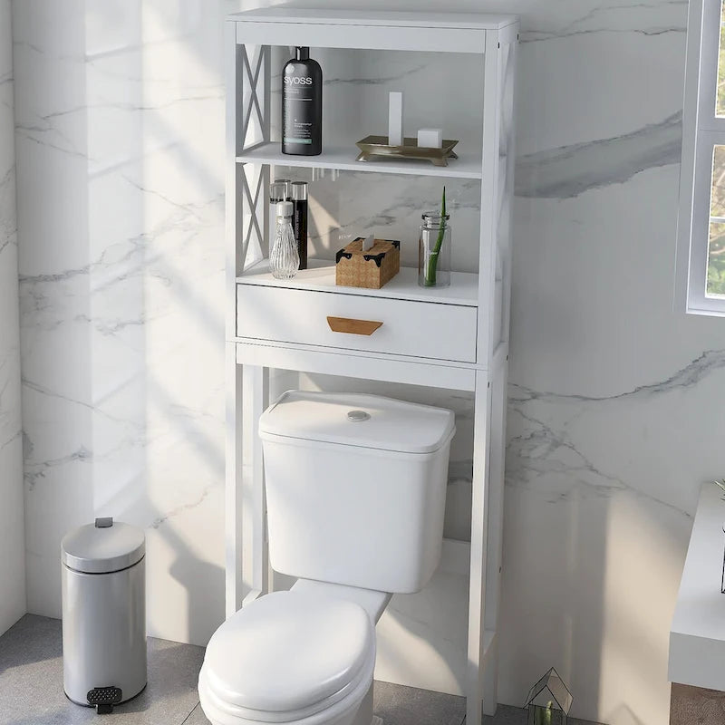 Mobiletto portaoggetti bianco sopra il WC con un cassetto e 2 ripiani, salvaspazio, scaffale da bagno