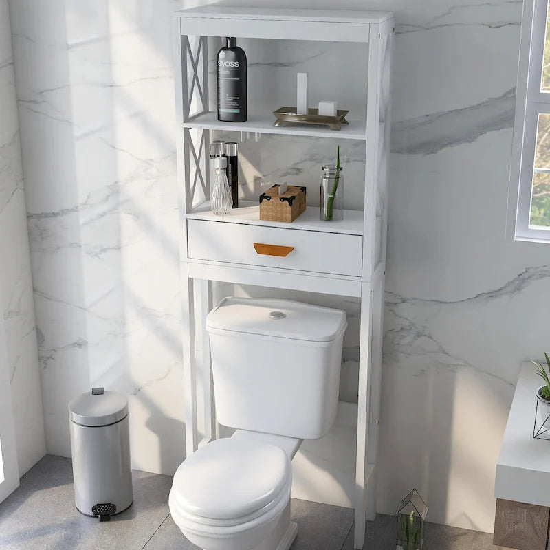 Mobiletto portaoggetti bianco sopra il WC con un cassetto e 2 ripiani, salvaspazio, scaffale da bagno