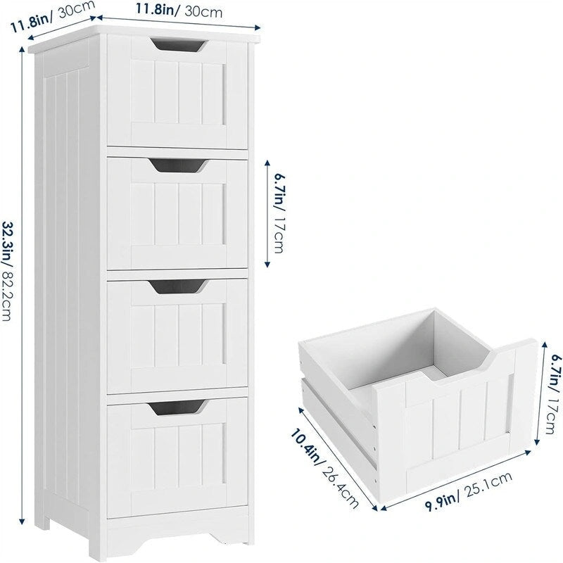 Badezimmer-Aufbewahrungsschrank, Seitenschrank mit 4 Schubladen - 11.8T x 11.8B x 32.5H