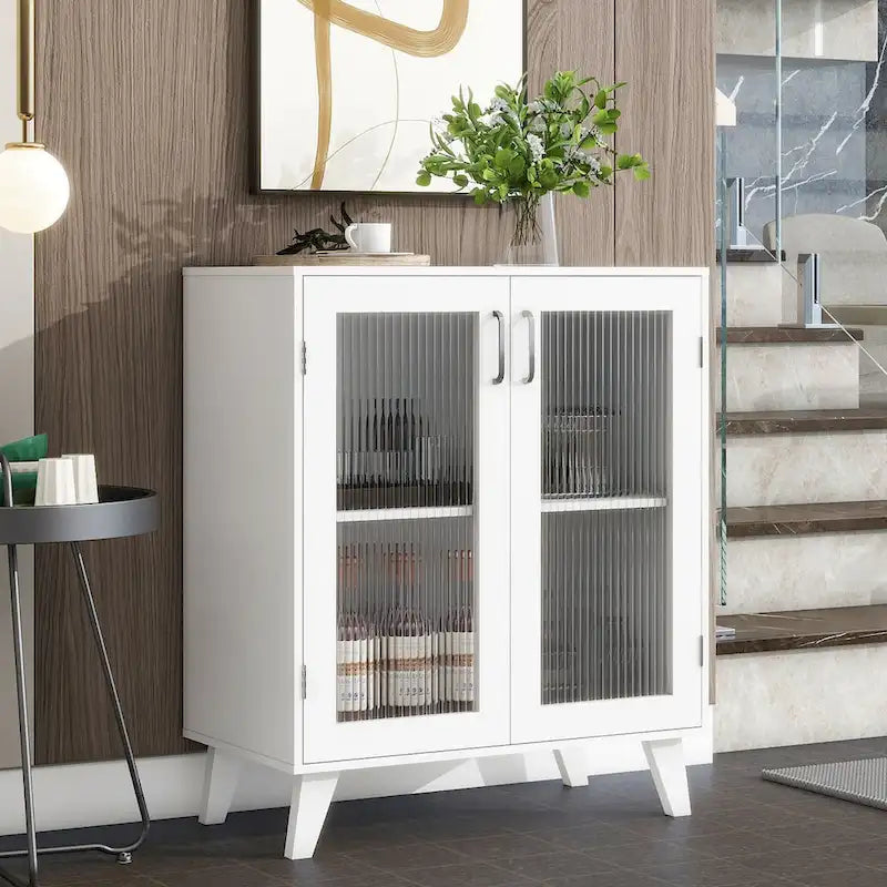 Mobiletto moderno da bagno con vano contenitore, 2 ante in vetro e ripiano regolabile, bianco