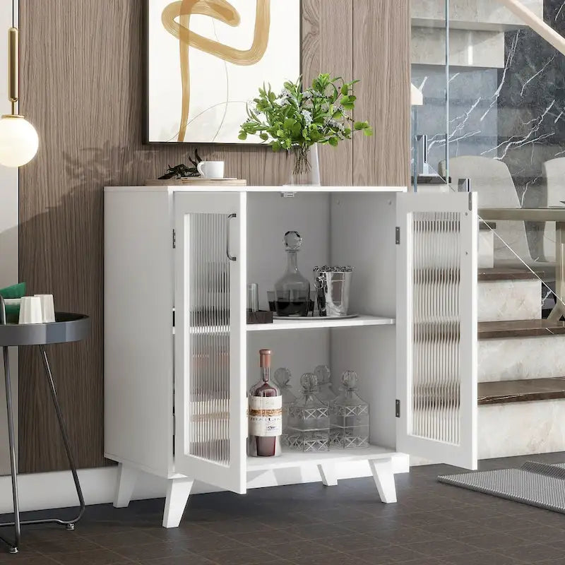 Mobiletto moderno da bagno con vano contenitore, 2 ante in vetro e ripiano regolabile, bianco