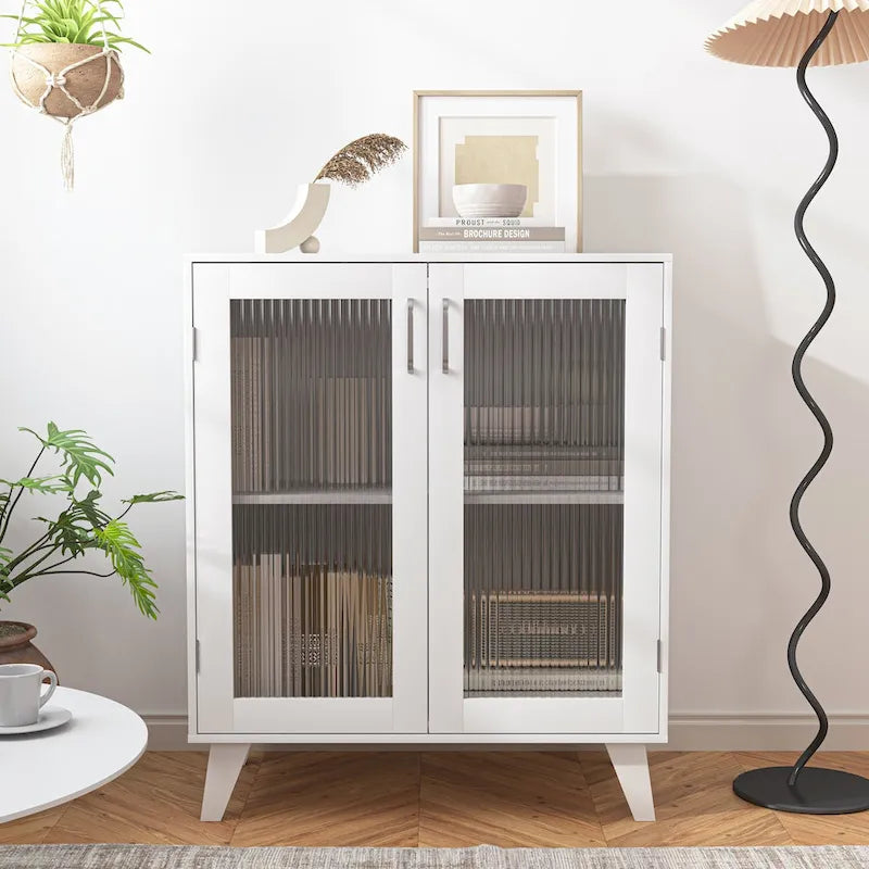 Mobiletto moderno da bagno con vano contenitore, 2 ante in vetro e ripiano regolabile, bianco